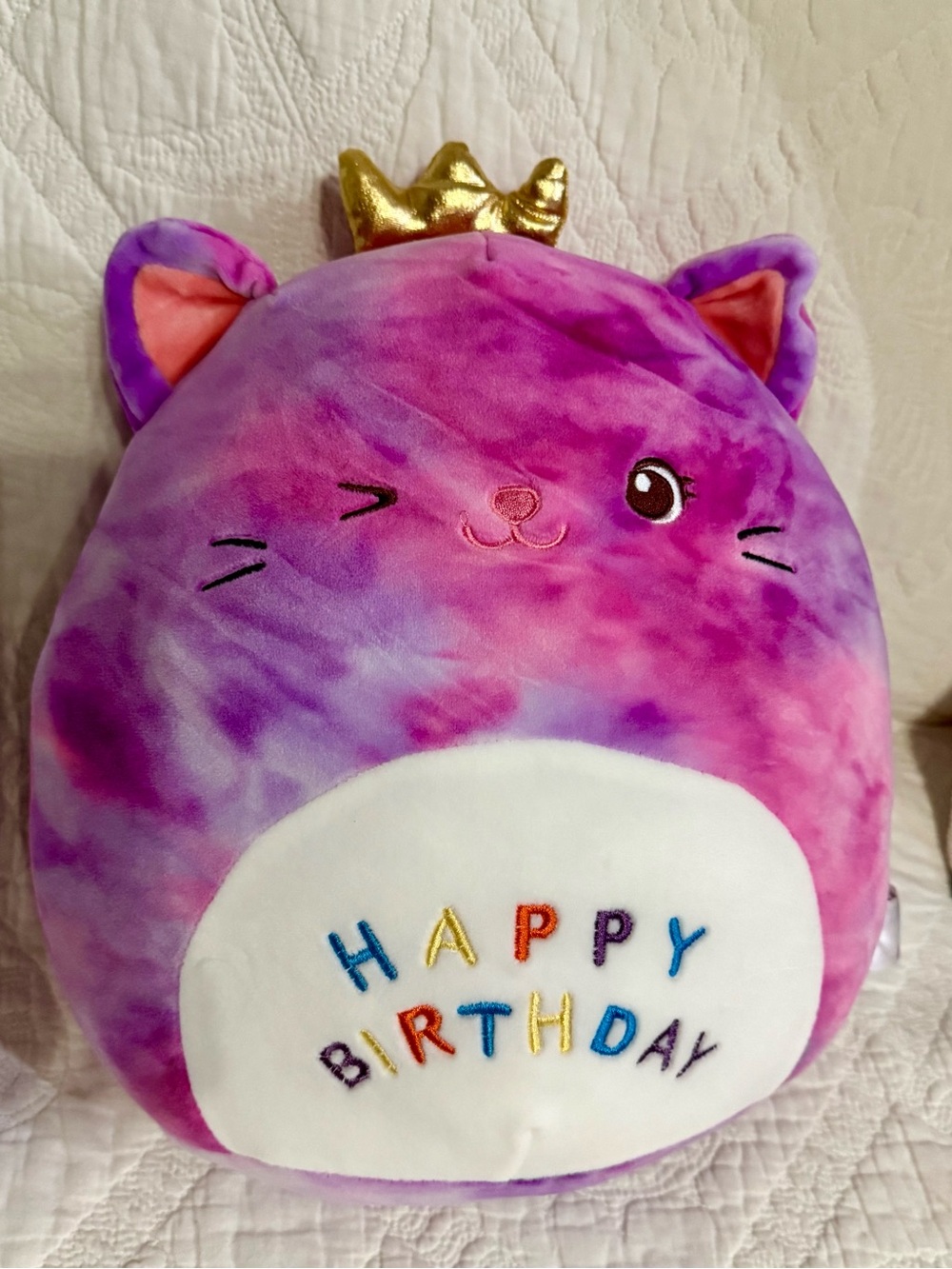 Purple Tie-Dye Plush Cat Pillow with Gold Crown - Happy Birthday